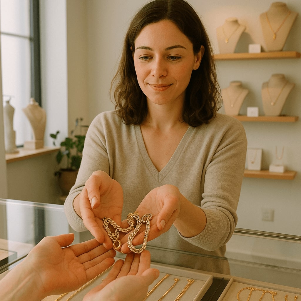 Une femme tendant des bijoux en or à un comptoir d’achat, décor de boutique sobre, lumière naturelle, ambiance réaliste.